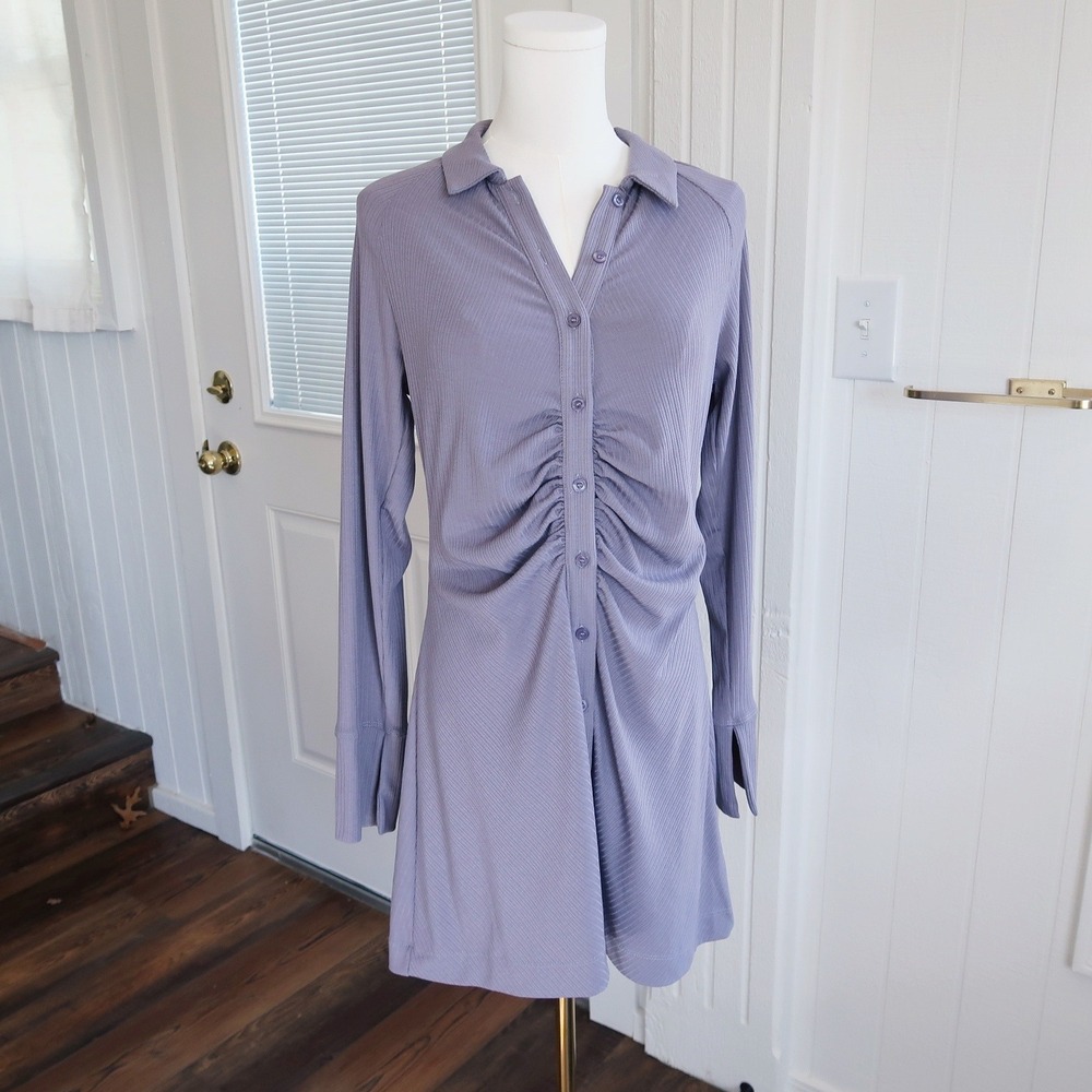 NEW Promesa Womens Ruched Shirt Dress Size L Gray Button Chic Y2K Modern Capsule - Picture 2 of 8